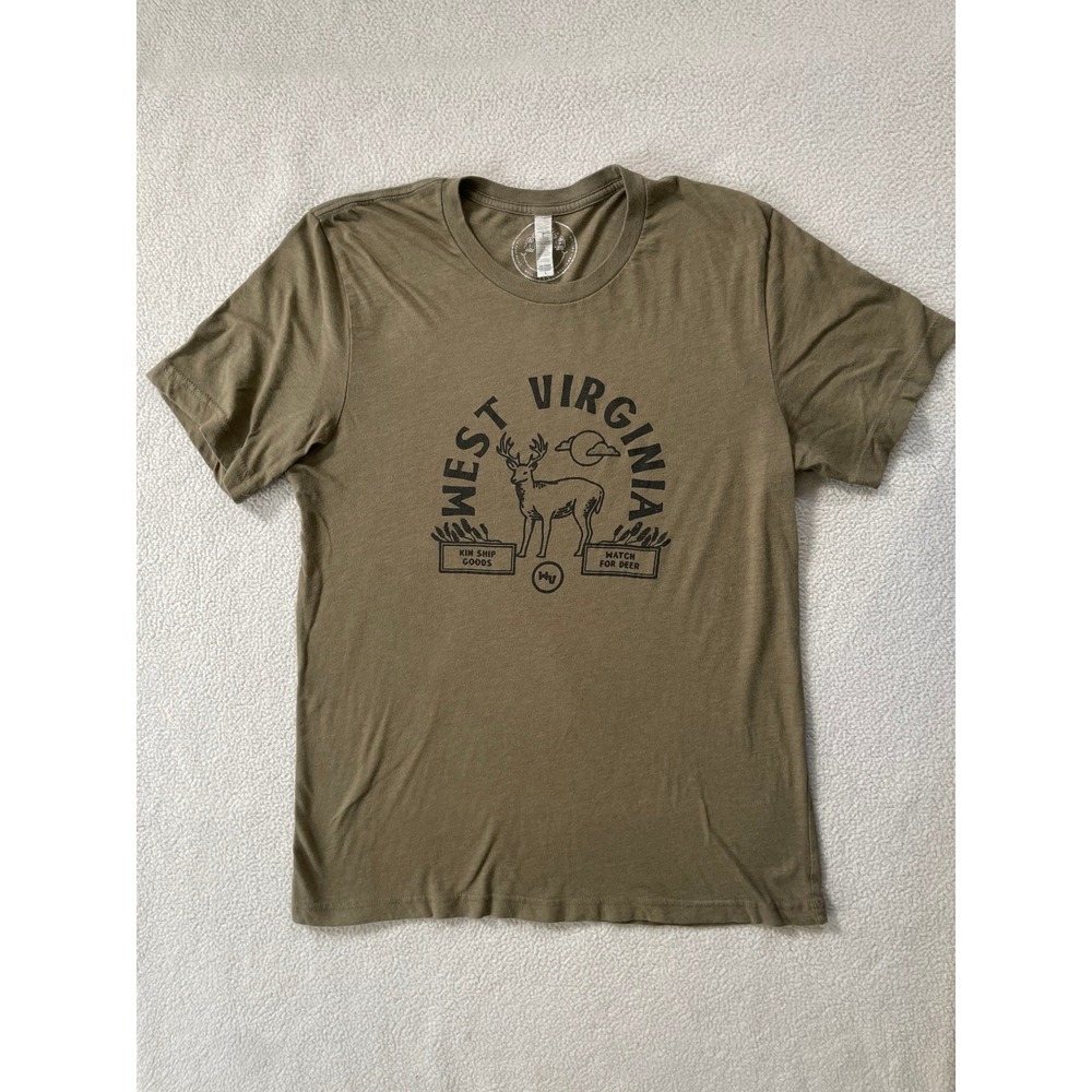 Kin Ship Goods Men Large T-Shirt Green West Virginia Watch For Deer Graphic Tee